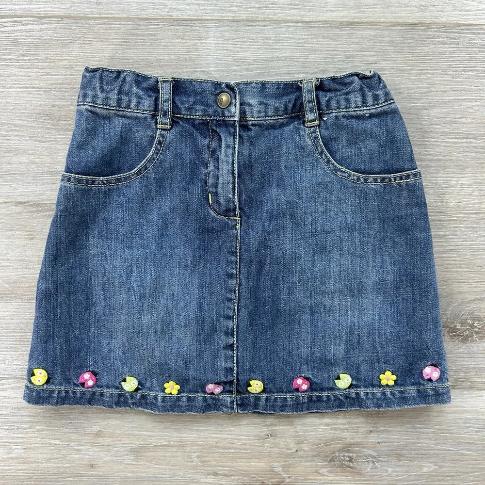 Gymboree Pretty Lady 2009 Denim Skirt Skort Size 8 Embroidered Ladybugs Flowers